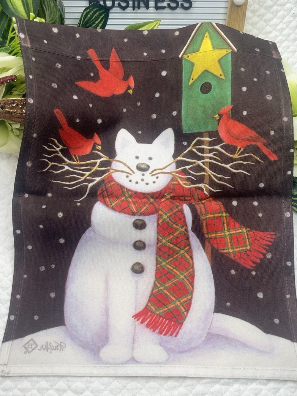 Vintage Toland Christmas Snowman Cat Cardinals House Flag 24x36 USA Holiday - Picture 3 of 3